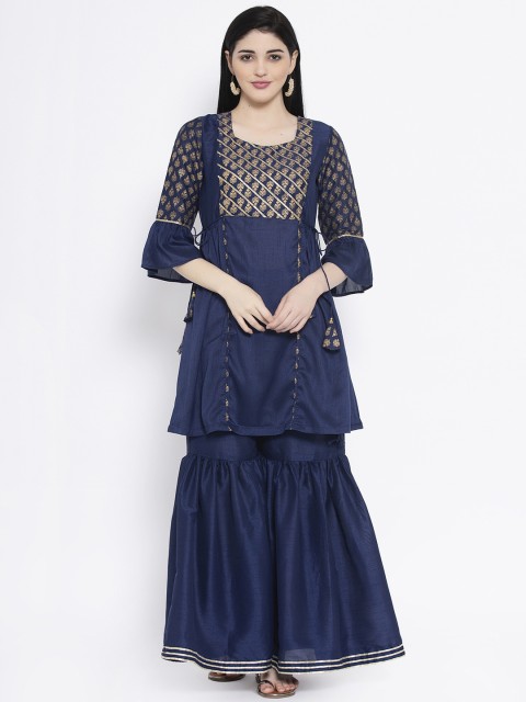 

studio rasa Women Navy Blue & Gold-Coloured Printed A-Line Silk Kurta