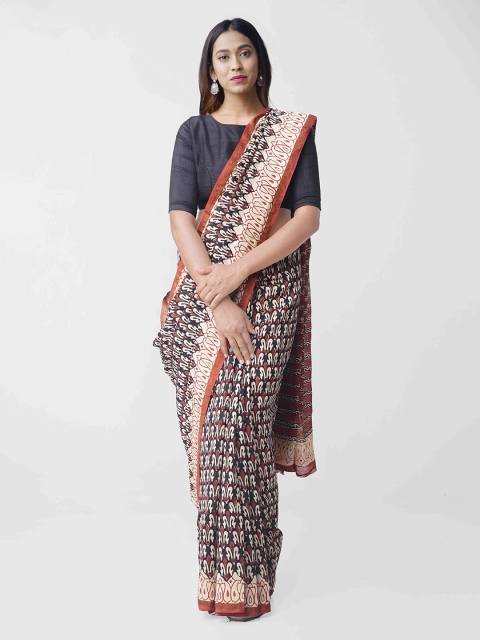 

Unnati Silks Black & Rust Orange Silk Cotton Bagru Print Chanderi Saree