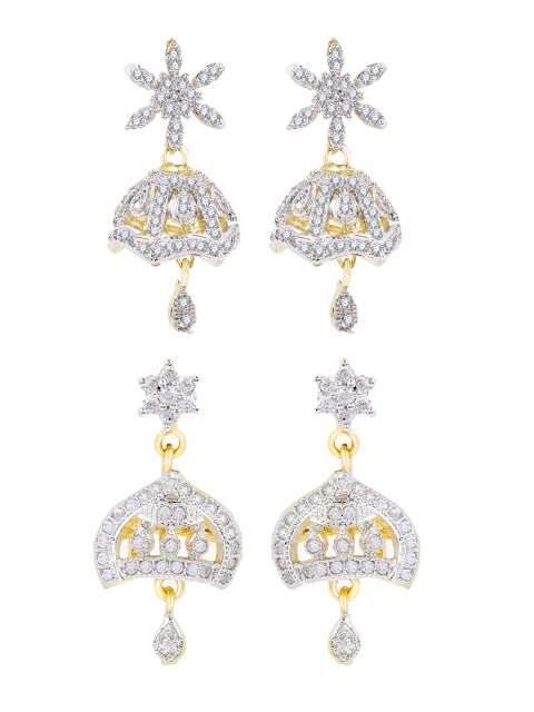 

Yellow Chimes Set Of 2 Gold-Plated & White American Diamond Floral Jhumkas