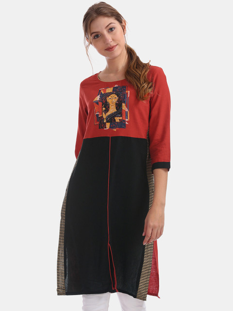 

Karigari Women Black & Red Embroidered Straight Kurta