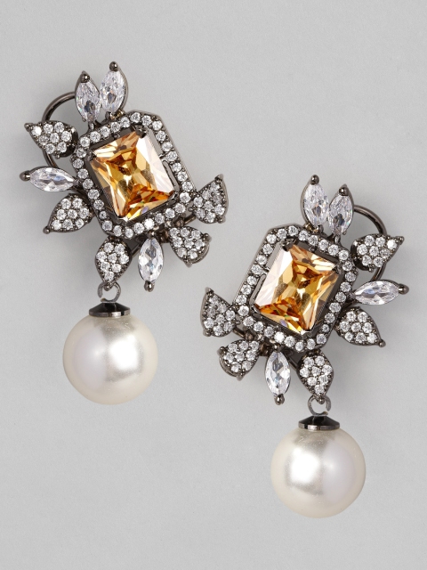

Rubans Silver-Plated Classic Zircon Studded Drop Earrings