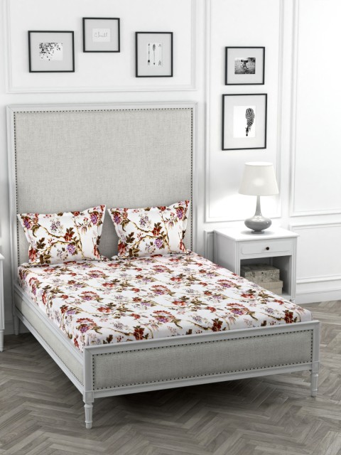 

STELLAR HOME White & Brown Floral TC Poly Satin 1 Bedsheet with 2 Pillow Covers