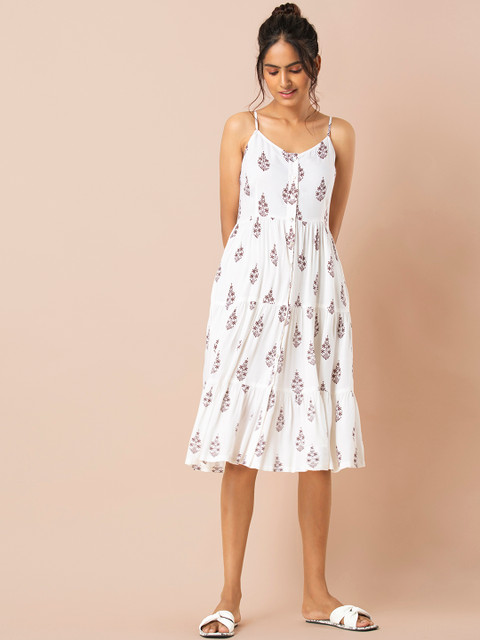 

INDYA Women White & Maroon Floral Print A-Line Dress
