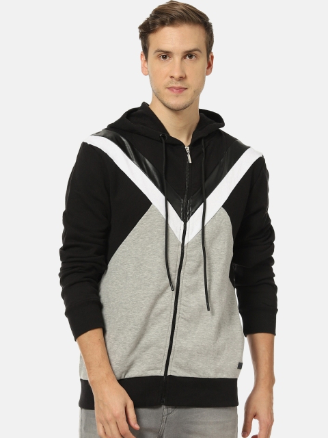 

Campus Sutra Men Black & Grey Colourblocked Hooded Sweatshirt