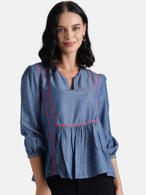 

Chumbak Women Blue Solid Chambray Top