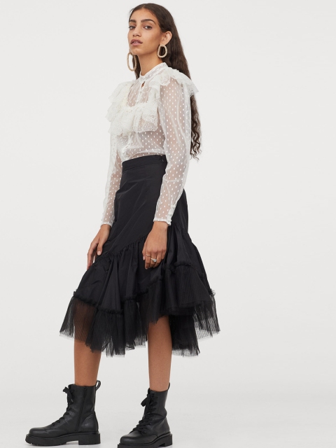 

H&M Women Black Tulle-Flounced Skirt
