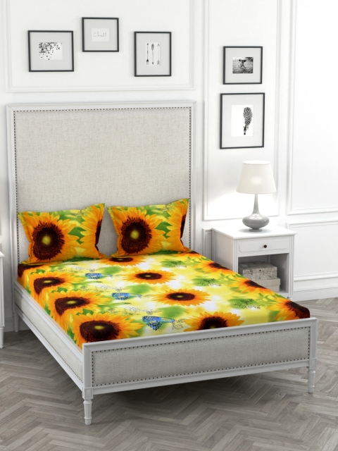 

STELLAR HOME Yellow & Brown Floral TC Poly Satin 1 Bedsheet with 2 Pillow Covers