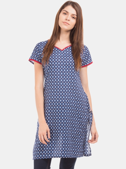 

Karigari Women Blue & White Printed Straight Kurta