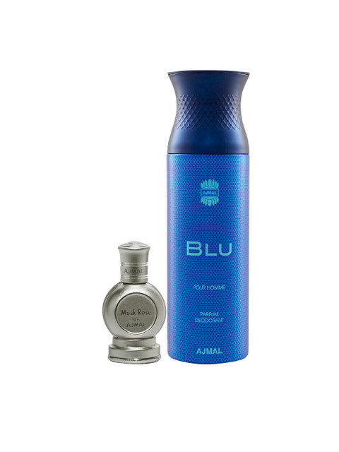 

Ajmal Unisex Set of 2 MuskRose CP Attar Alcohol Free 12ML & Blu Deodarant Body Spray 200ml, Blue