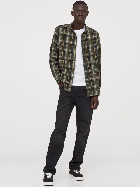 

H&M Men Olive Green Checked Flannel Shirt