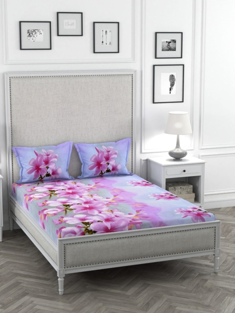 

STELLAR HOME Purple & Pink Floral TC Poly Satin 1 Bedsheet with 2 Pillow Covers