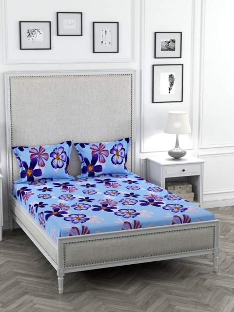 

STELLAR HOME Blue Floral Poly Satin 90 GSM 1 Bedsheet with 2 Pillow Covers