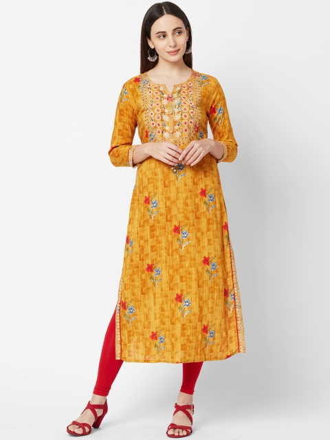 

FASHOR Women Mustard Yellow Floral Printed A-Line Kurta