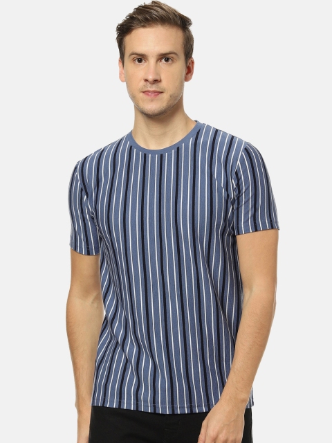 

Campus Sutra Men Blue Striped Round Neck T-shirt