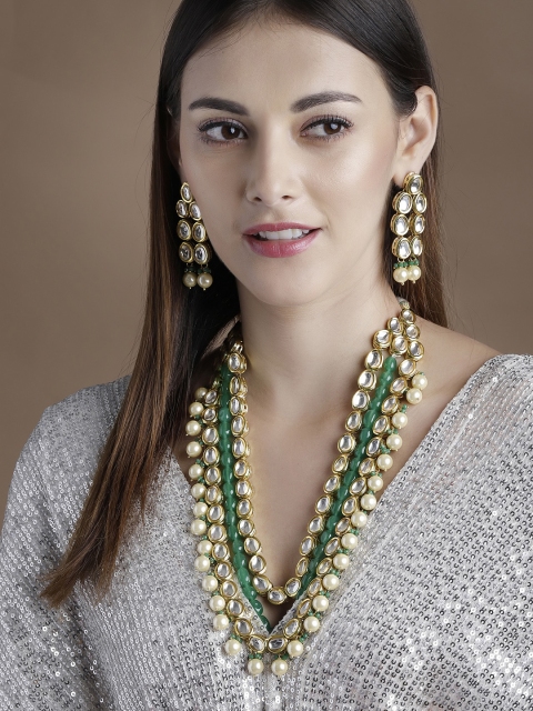 

Rubans 22K Gold-Plated Green & White Kundan & Gem Stone Embellished Handcrafted Multi-Layered Jewellery Set