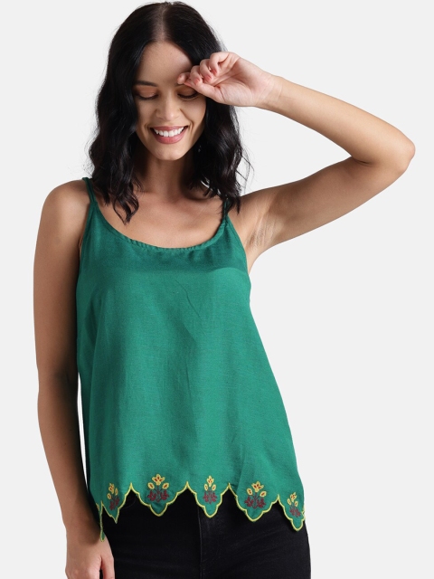 

Chumbak Women Green Embroidered Styled Back Top