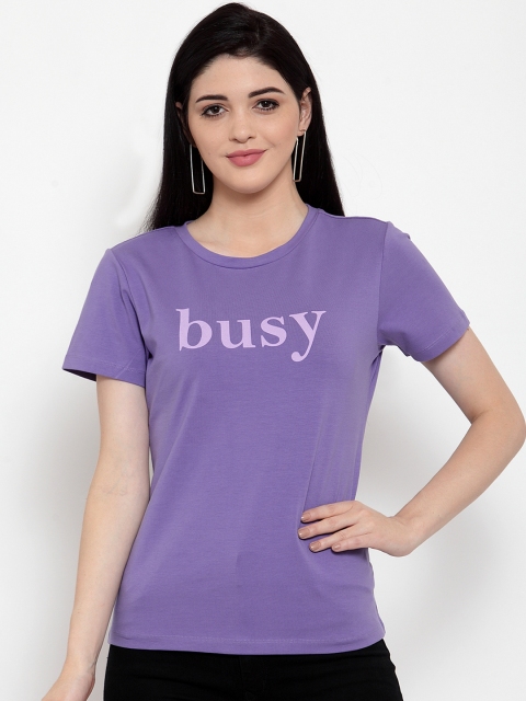 

DOOR74 Women Purple Printed Round Neck T-shirt