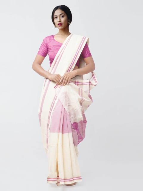 

Unnati Silks Pink & Off-White Pure Cotton Woven Design Mangalagiri Saree