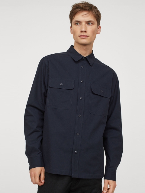 

H&M Men Navy Blue Solid Cotton Twill shirt