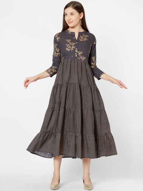 

FASHOR Women Grey & Gold Toned Printed A-Line Dress
