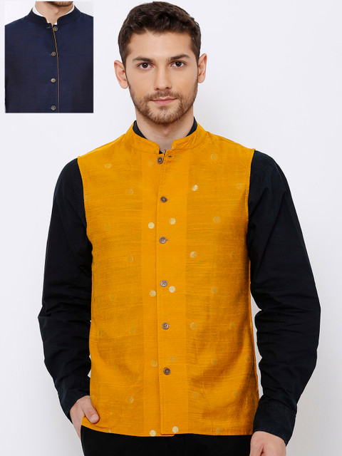 

SALWAR STUDIO Men Mustard Yellow & Navy Blue Reversible Woven Design Pure Cotton Nehru Jacket