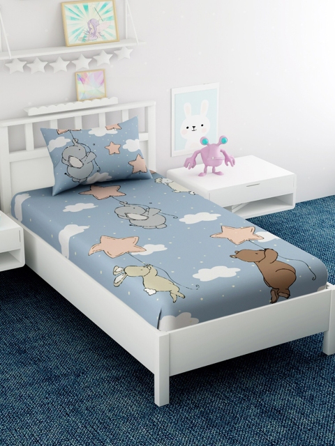 

EverHOME Blue & White Cartoon Characters 210 TC Cotton 1 Single Bedsheet with 1 Pillow Covers