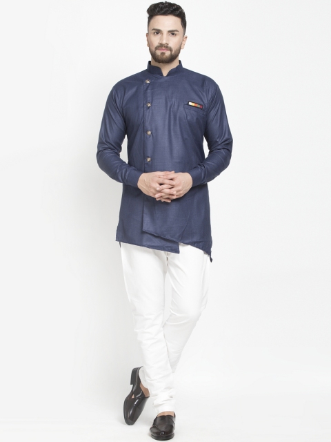 

Benstoke Men Navy Blue & White Solid Kurta with Churidar