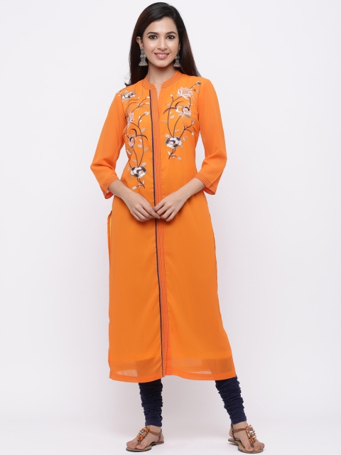 

Rain & Rainbow Women Orange & Off-White Embroidered A-Line Kurta