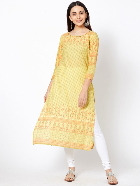 

FASHOR Women Yellow & Orange Printed Straight Kurta