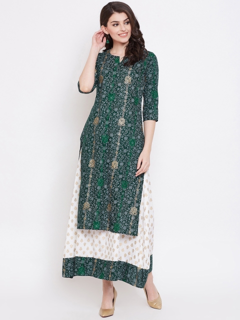 

Ishin DESIGNER STUDIO Women Green & White Printed Kurta with Skirt