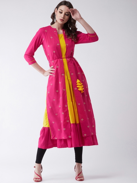 

Pannkh Women Pink & Yellow Colourblocked A-Line Kurta