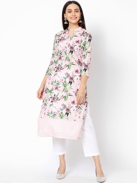 

FASHOR Women Pink Printed Hakoba Embroidered Straight Kurta