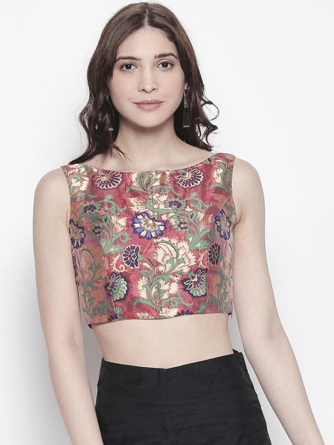 

Desi Weavess Women Pink & Green Jaquard Saree Blouse