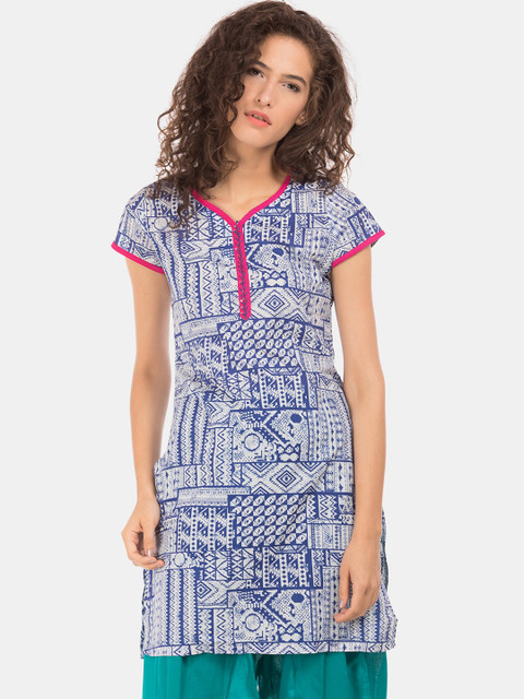 

Karigari Women Navy Blue & Pink Printed Straight Kurta