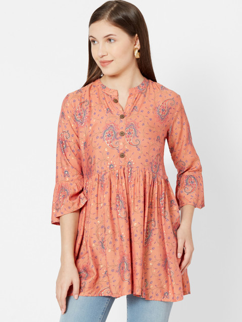 

FASHOR Women Peach-Coloured & Blue Foil Printed A-Line Kurti