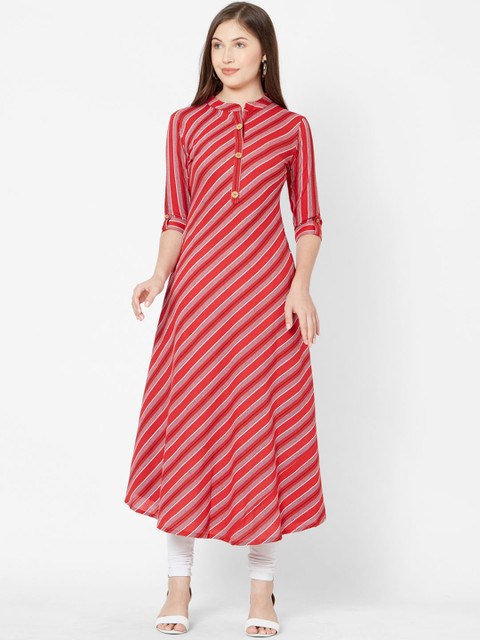 

FASHOR Women Red Striped A-Line Kurta