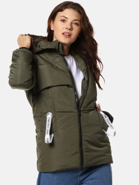 

Campus Sutra Women Olive Green Solid Windcheater Padded Jacket
