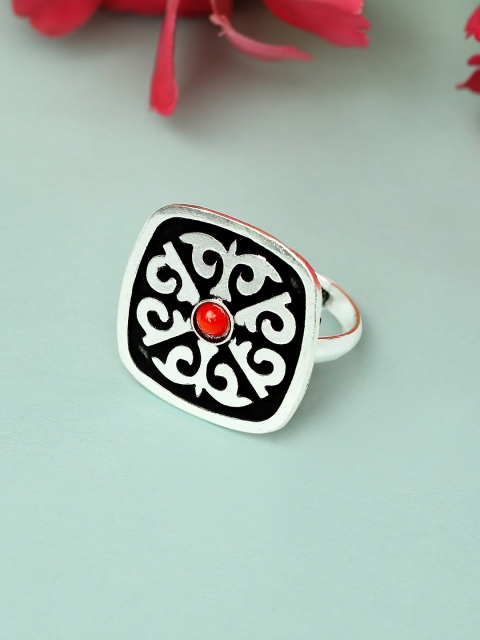 

Rubans Oxidised Silver-Plated Red & Black Stone-Studded Enameled Handcrafted Finger Ring