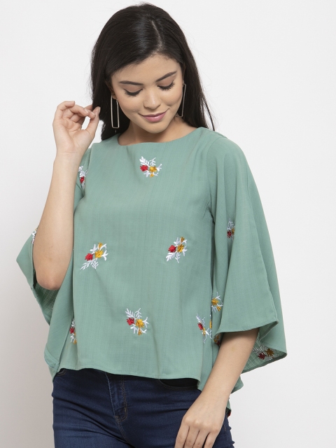 

LABEL REGALIA Women Green & Red Floral Embroidered A-Line Top