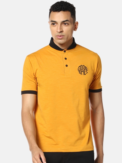 

Campus Sutra Men Mustard Yellow Solid Mandarin Collar T-shirt