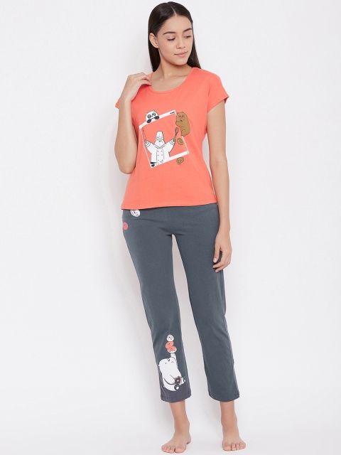 

Clovia Women Coral Orange & Grey Printed Night Suit