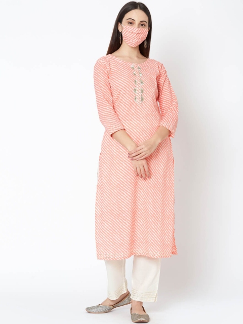 

FASHOR Women Peach-Coloured & Off-White Striped Kurti with Trousers