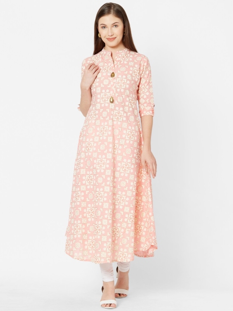 

FASHOR Women Peach-Coloured & White Printed Anarkali Kurta
