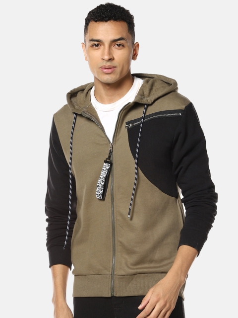

Campus Sutra Men Green & Black Colourblocked Hooded Sweatshirt