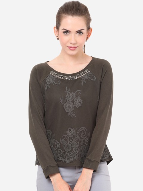 

Porsorte Women Olive Green Self Design Sweatshirt