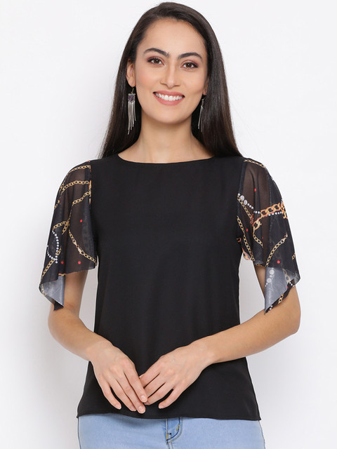 

ALL WAYS YOU Women Black Printed Flared Sleeves Top