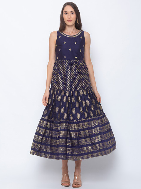 

Globus Women Navy Blue & Gold-Toned Printed Fit and Flare Dress