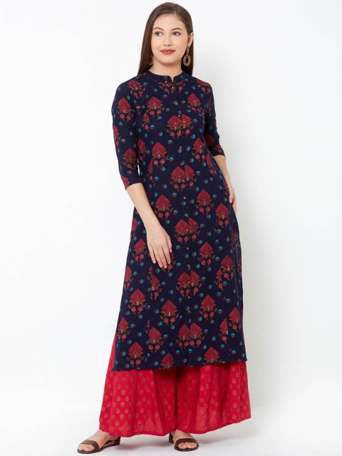 

FASHOR Women Navy Blue & Red Floral Print Straight Kurta