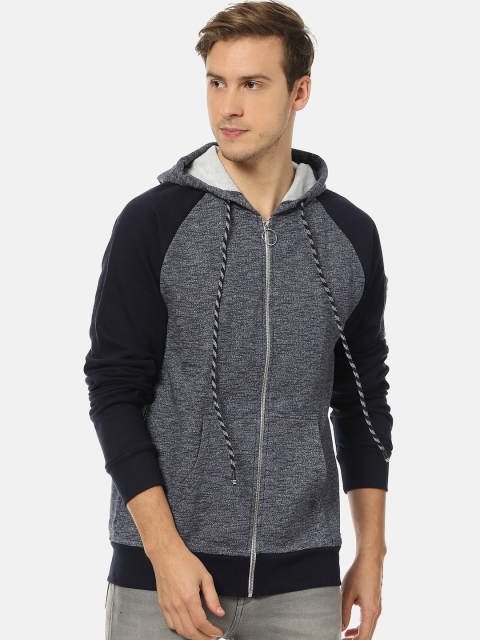 

Campus Sutra Men Navy Blue & Grey Colourblocked Hooded Sweatshirt