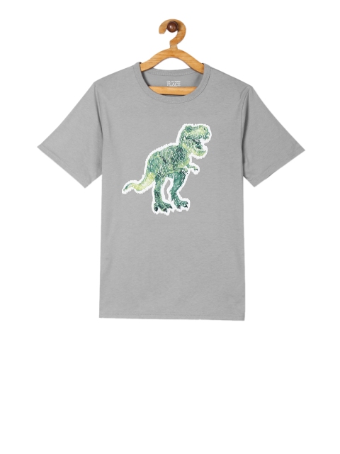 

The Childrens Place Boys Grey Dinosaur Flippy Sequin Embellished Round Neck T-shirt